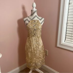 Mansy Women’s Backless Strap Bodycon Party Dress in Gold